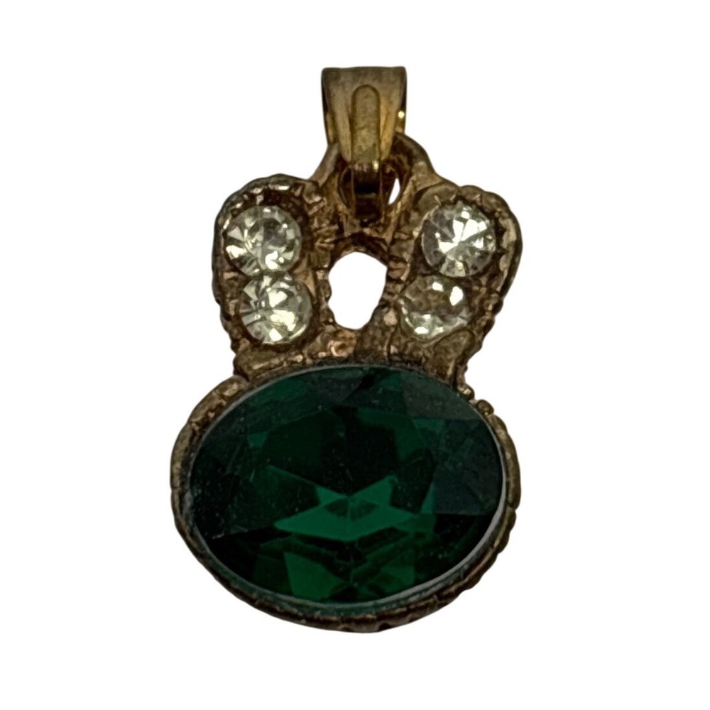 Crown Charm Pendant Green Emerald‎ Cut Stone Rhinestone Accents Gold Tone Bunny